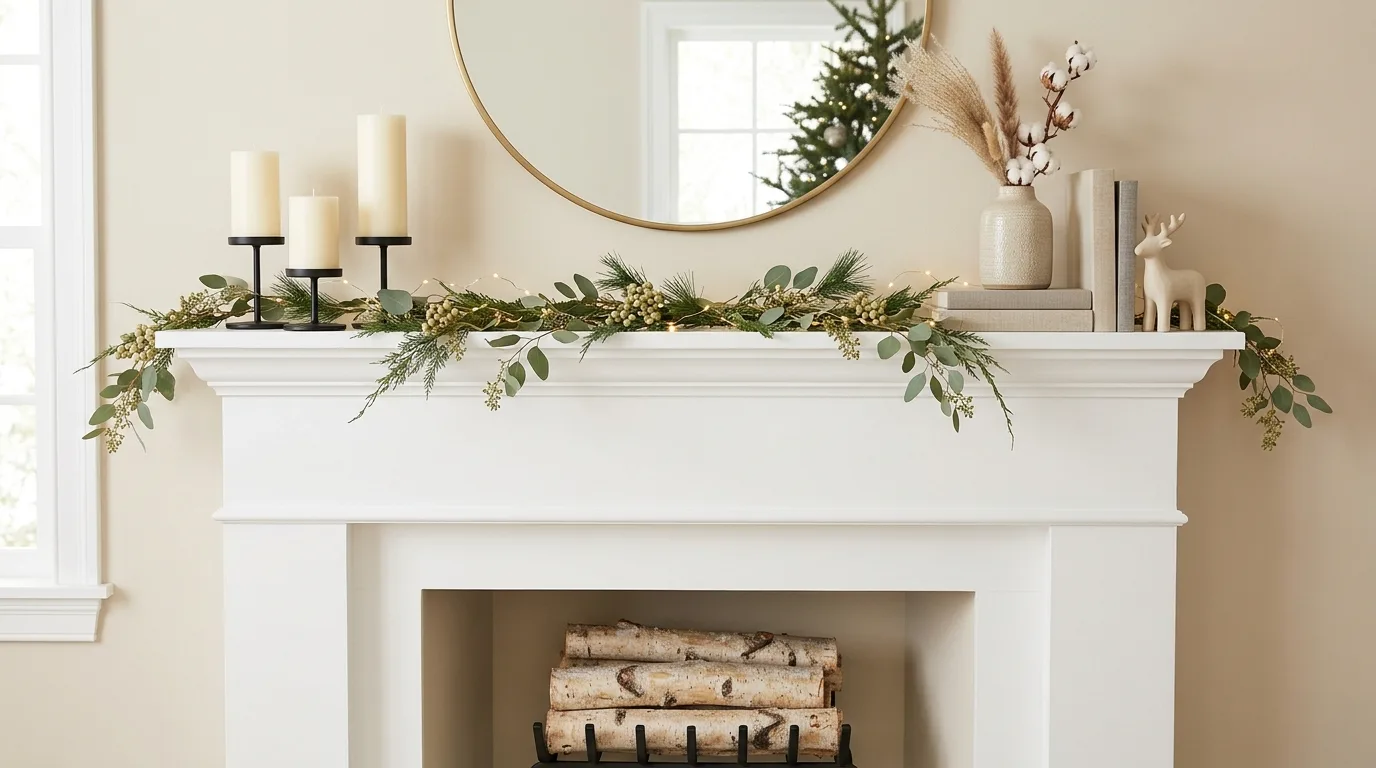 Use warm white string lights for a gentle winter glow inspiration for a Scandinavian holiday home.